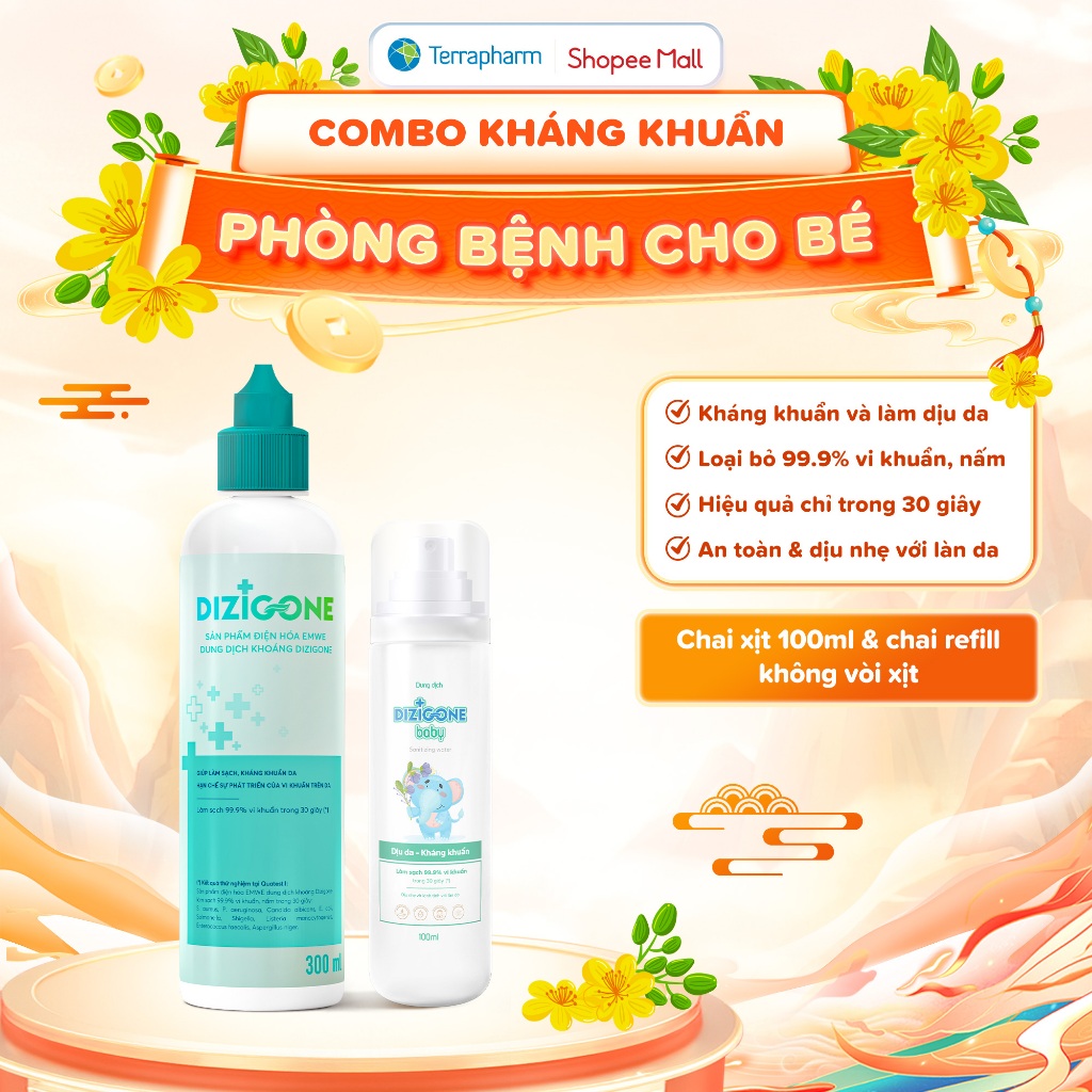 [COMBO] Xịt kháng khuẩn DIZIGONE Baby 100ml & Dung dịch kháng khuẩn DIZIGONE: Phòng bệnh & chăm sóc 