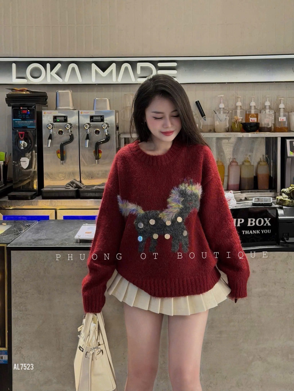 Áo Len Lông Thỏ Nữ Dáng Rộng Cổ Tròn Thêu Hình Ngựa