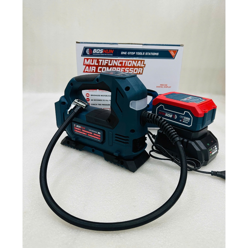 Máy bơm hơi pin BOSHUN BS-BH120, 120w, Nặng 940gram, Áp suất tối đa 120 psi, Màn hình led