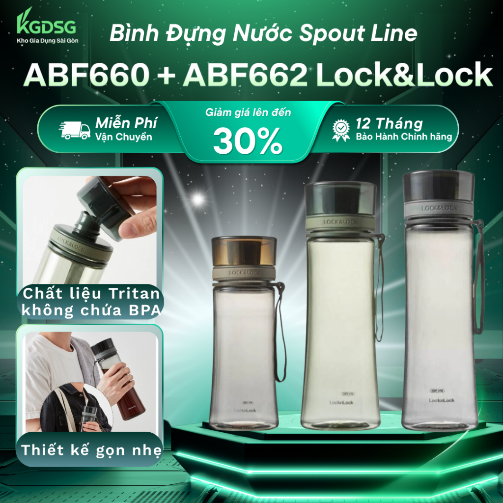 Bình đựng nước Spout Line ABF660, ABF662 Lock&Lock bình uống nước nhựa Tritan không PBA, nắp bật tiệ