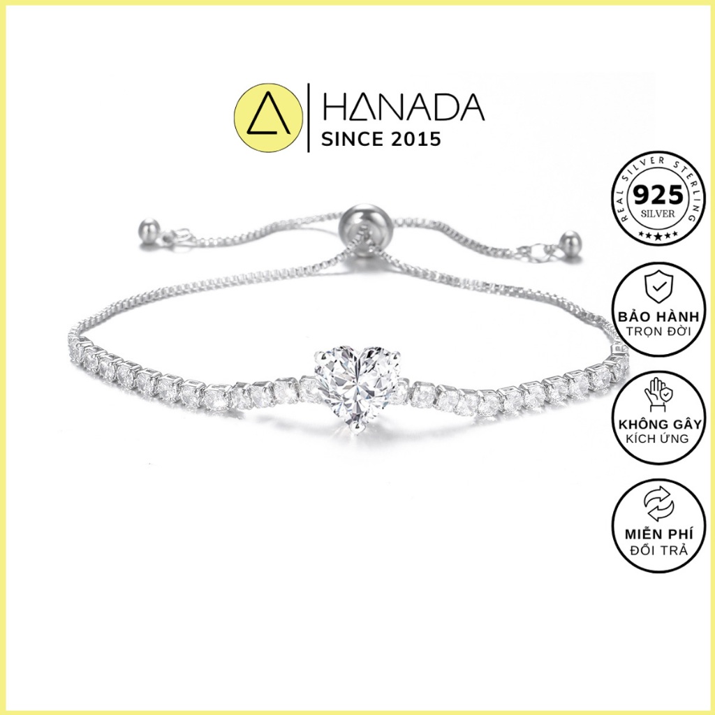 [BẠC 925-BH TRỌN ĐỜI] Lắc Tay Bạc 925 HANADA Trái Tim Dây Rút Freesize Tùy Chỉnh Đính Đá Lấp Lánh 1324