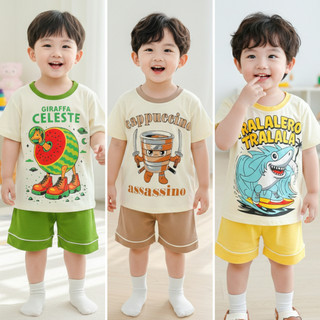 [MKKIDSHOP] Bộ Áo Ngắn Quần Ngắn Tung Tung Sahur Cho Bé Trai 9-30KG Vải Thun Lạnh Mềm Mát Cho Bé Mặc Ngủ Mặc Nhà Đi Học