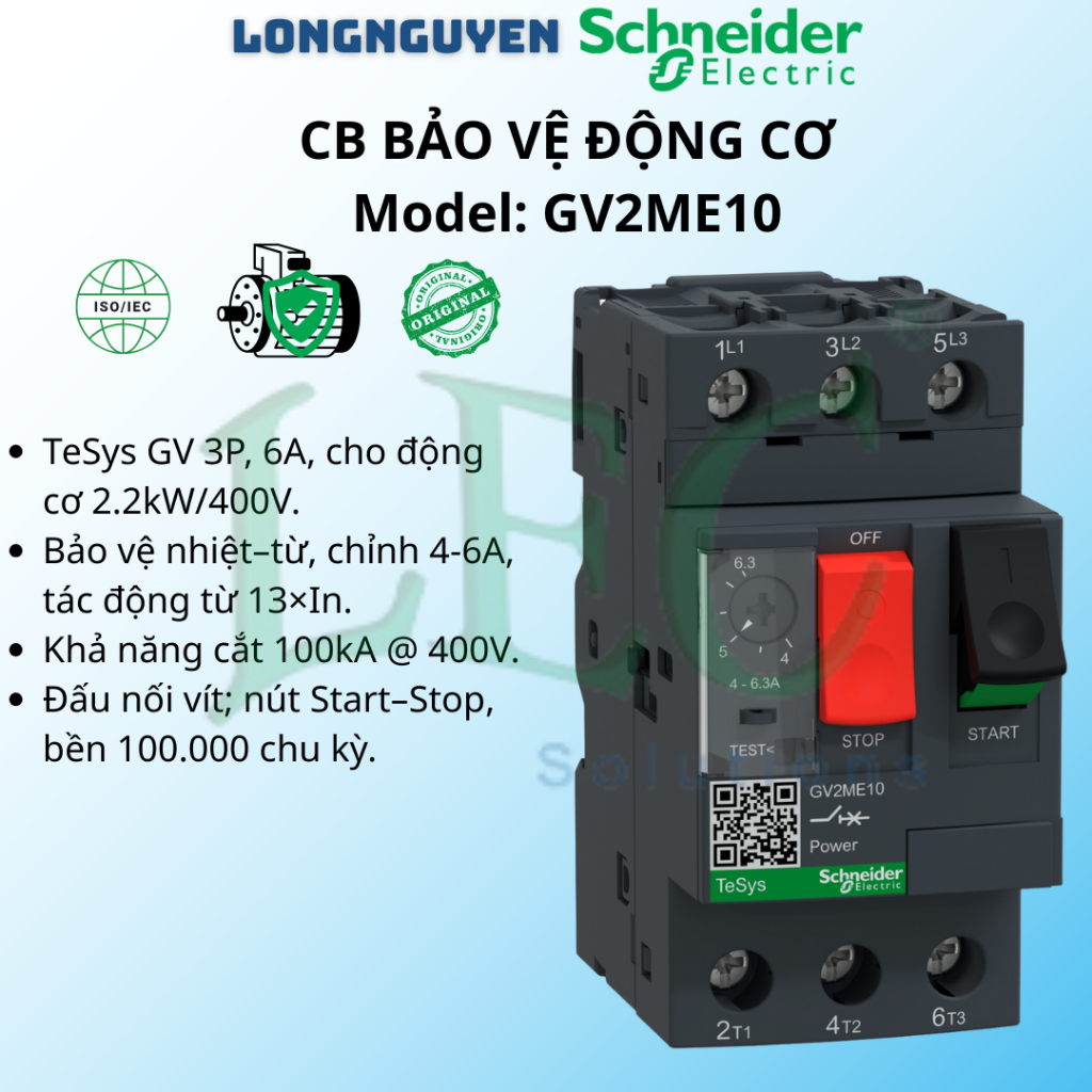 Cầu dao bảo vệ động cơ Schneider GV2ME10 4-6A 2,2kW 400V chính hãng