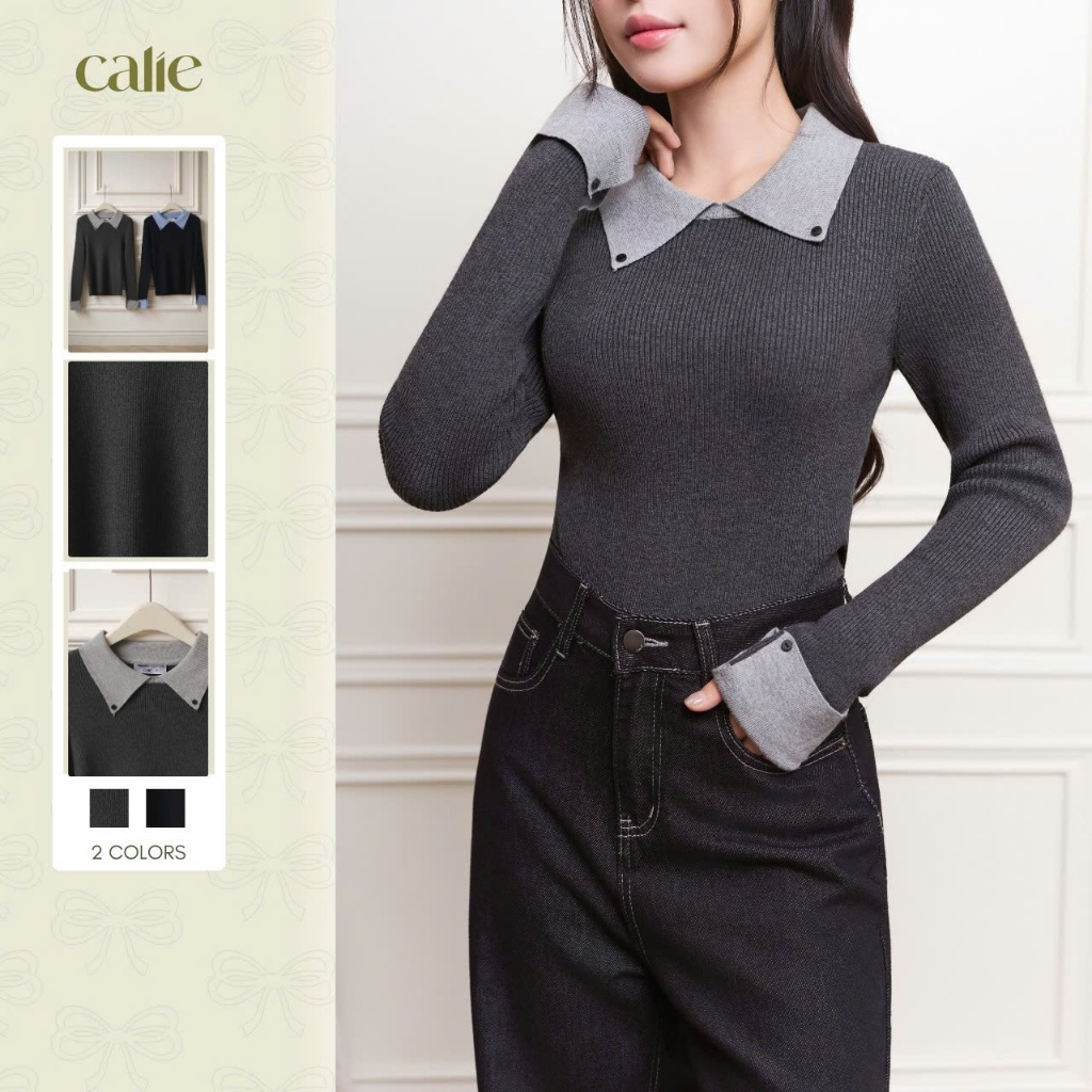 Áo len ôm tay phối cổ, chất liệu cao cấp, form basic thanh lịch dễ mix đồ thời trang nữ Calie Al173
