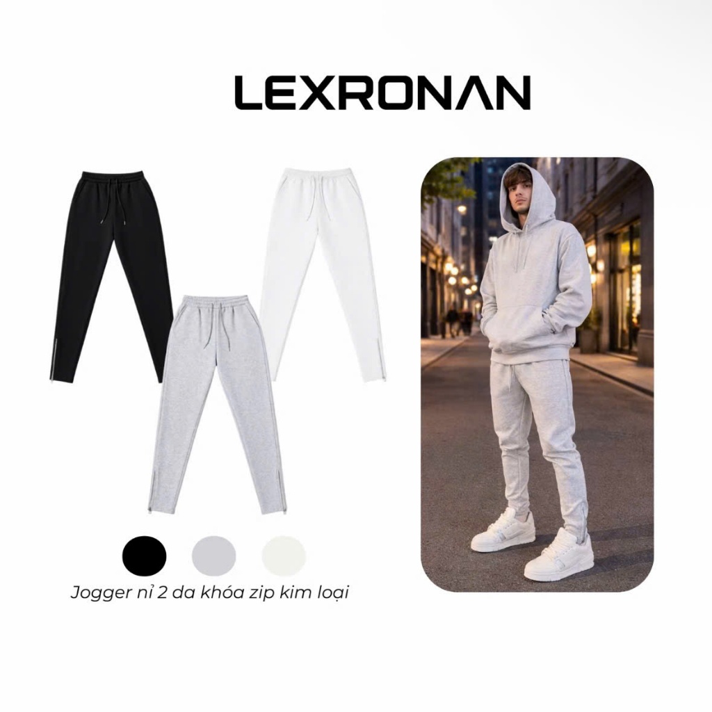 Quần Jogger Khóa Zip Trơn LEXRONAN Basic Form Fit Thể Thao Dễ Mặc Dễ Phối Đồ