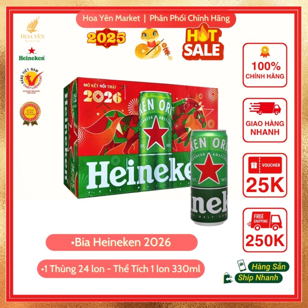 Thùng 24 Lon Bia Heineken Xanh - 330ml/1Lon - Hoa Yên Market - Bia đầm, Uống Nhẹ Không Gắt - Tết Làm
