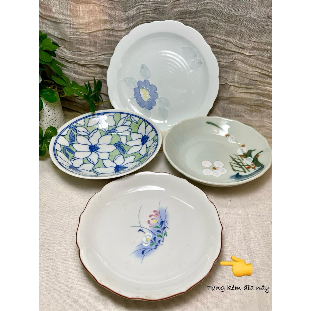 HANA HOUSE-Set 3 Đĩa Sứ Nhật Vintage + Tặng Kèm 1 Đĩa | Đĩa Hoa Xanh Cổ Điển | Đĩa Ăn/Đĩa Tráng Miện