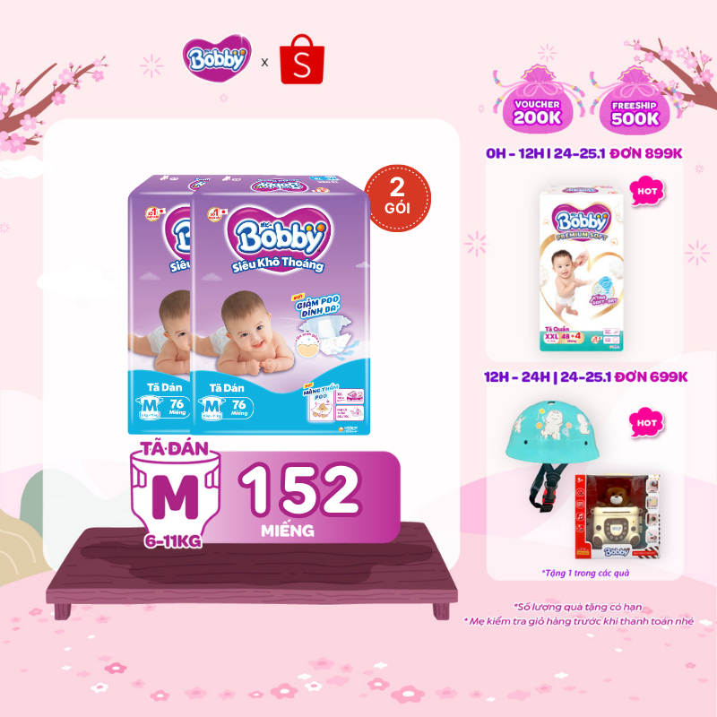 Combo 2 tã dán Bobby S80/M76/L68/XL62/XXL56 mới- Lõi nén cotton-soft 3mm