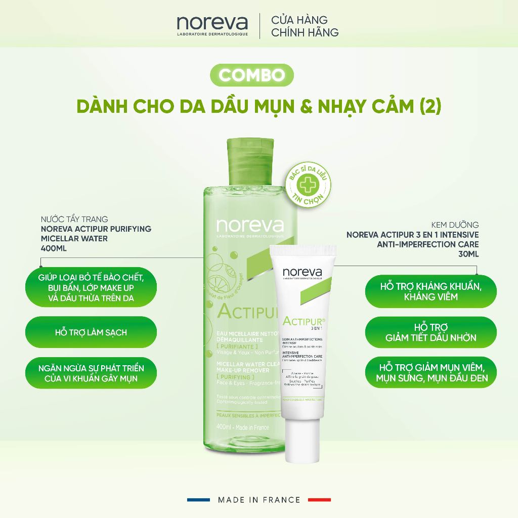COMBO GIẢM MỤN NOREVA ACTIPUR 3 EN 1 & TẨY TRANG ACTIPUR PURIFYING MICELLAR WATER 400ML