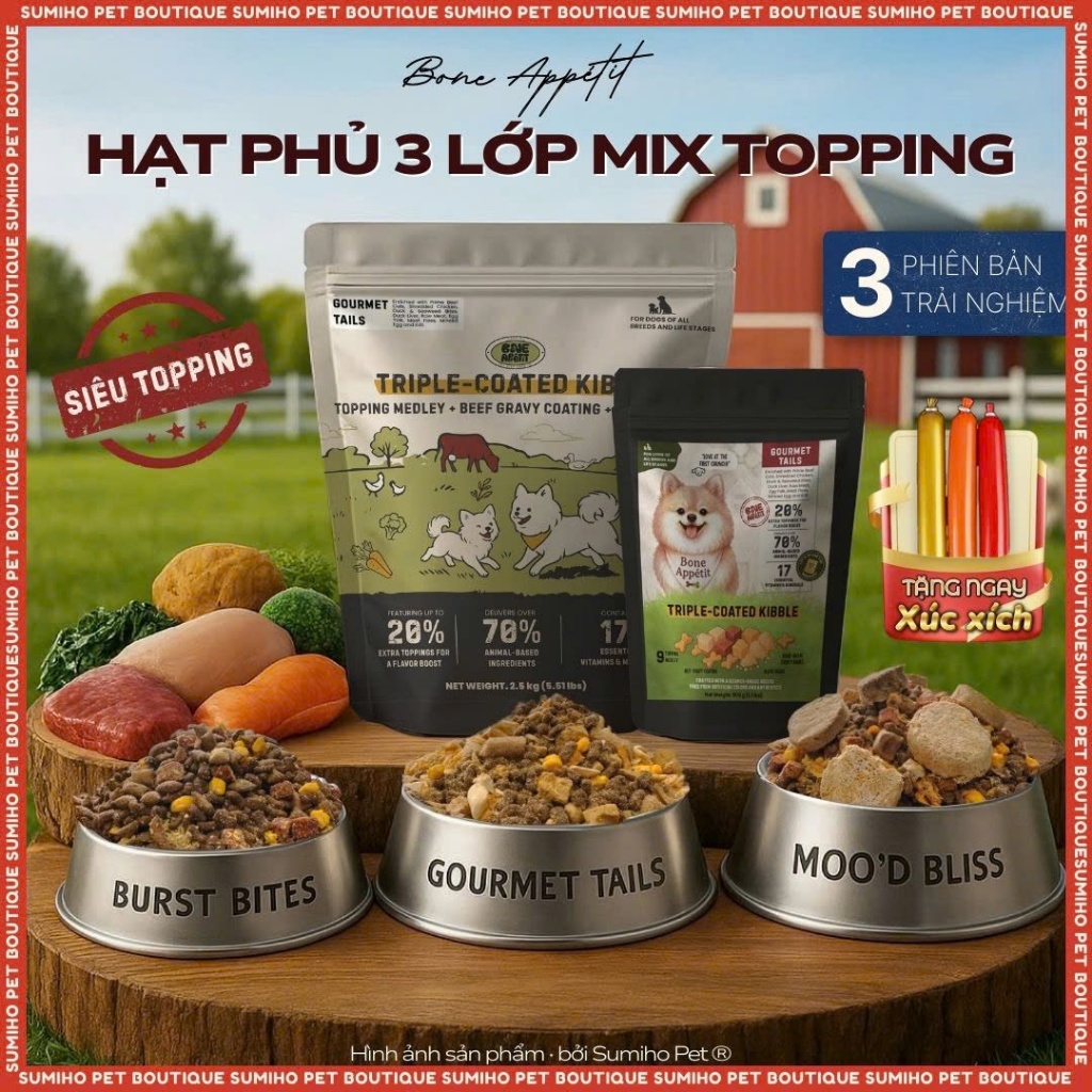 Hạt thức ăn khô cho chó phủ 3 lớp mix siêu topping Bone Appetit Triple-Coated Kibble (phù hợp chó kén ăn)