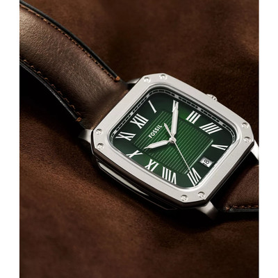 Đồng hồ nam Fossil CROSBY FS6150 mặt vuông xanh lá, 42MM, 3 kim xem ngày, dây da thật