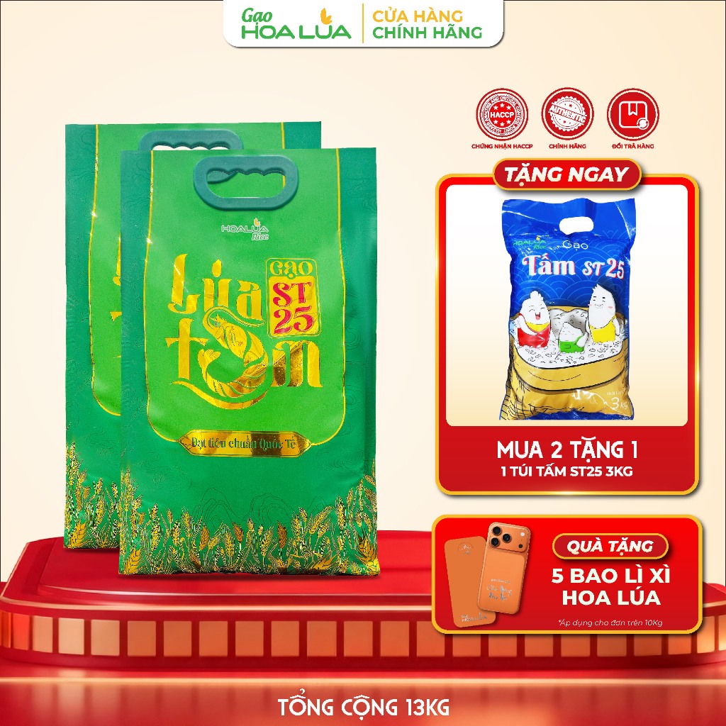 [TẶNG 3KG TẤM ST25] Combo 2 túi Gạo ST25 Lúa Tôm túi 5kg (Tổng 13kg)