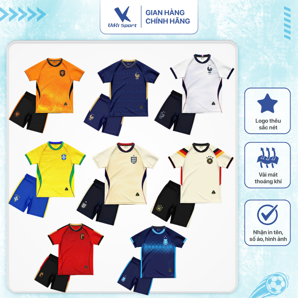 Bộ quần áo đá bóng cho trẻ Từ 10kg đến 45kg, chất liệu thun mè cao cấp, thoáng mát SV08 | ViKi Sport