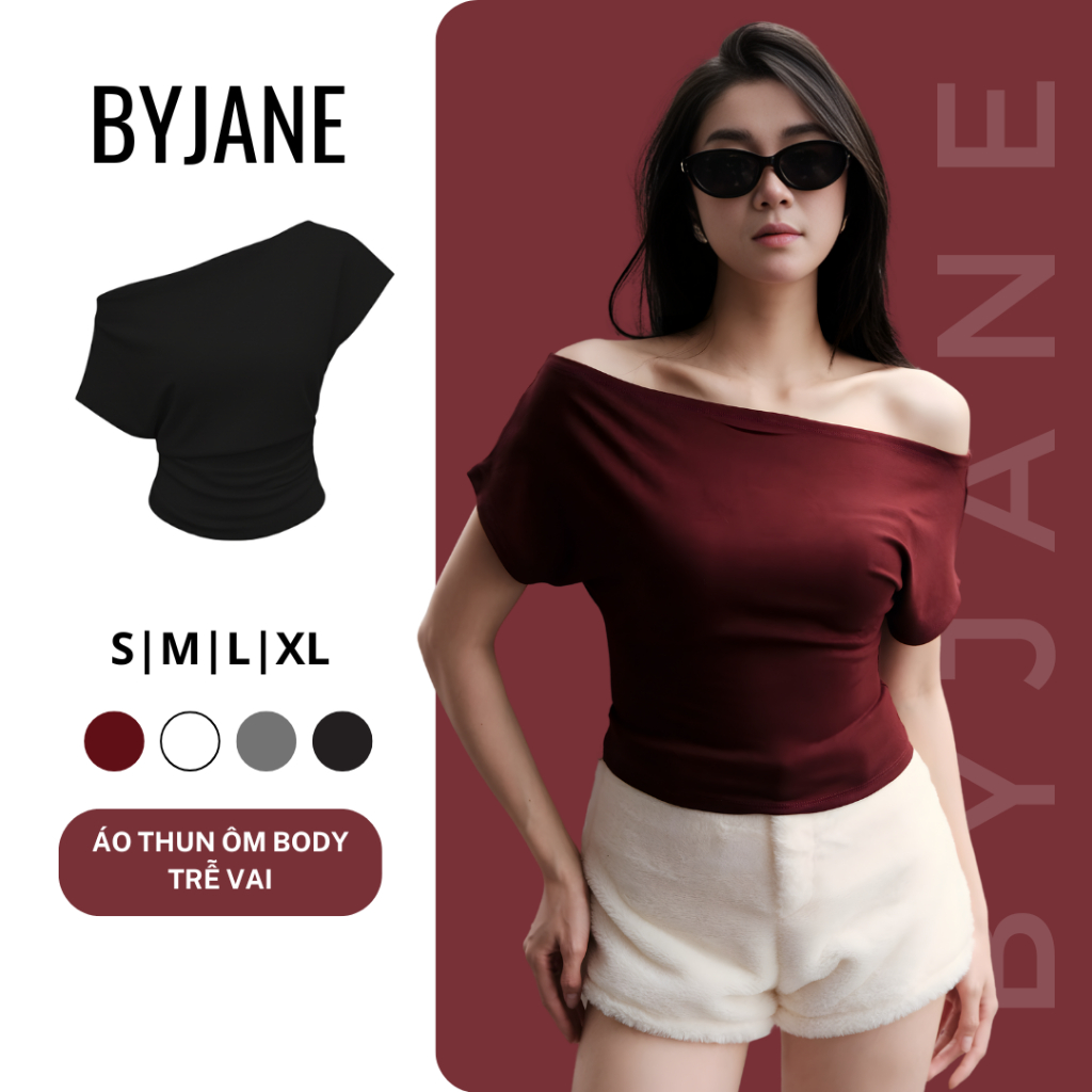 Áo Thun Nữ Trễ Vai Tay Ngắn Cotton Co Giãn Mềm Mịn Tôn Dáng Gợi Cảm BYJANE (từ 39–62kg) – 623
