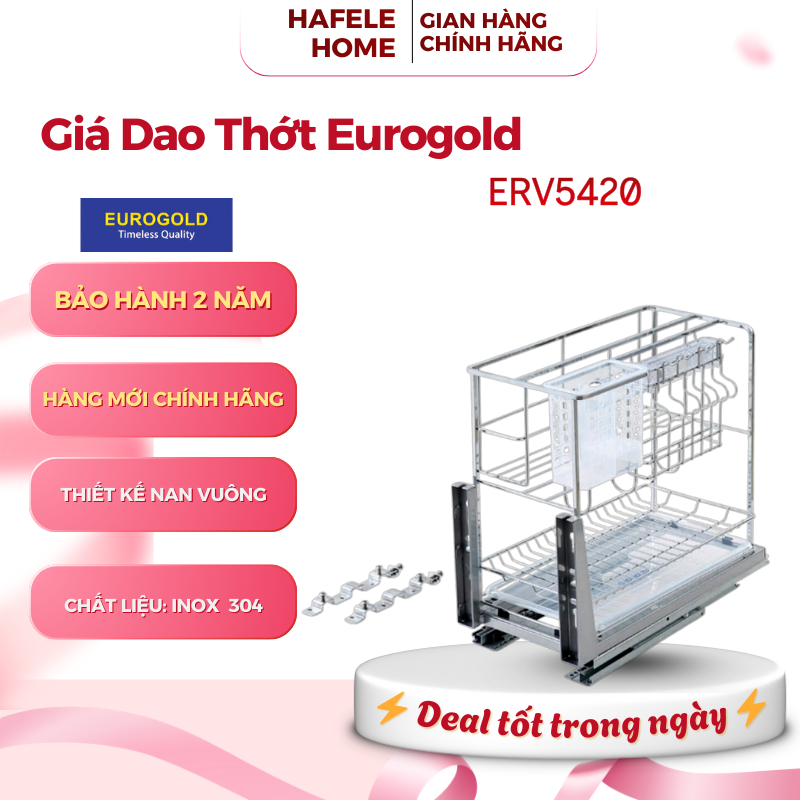 Giá Dao Thớt Nan Vuông Inox 304 Eurogold ERV5420 – Ray Âm Giảm Chấn - Khay Hứng Nước - EEH