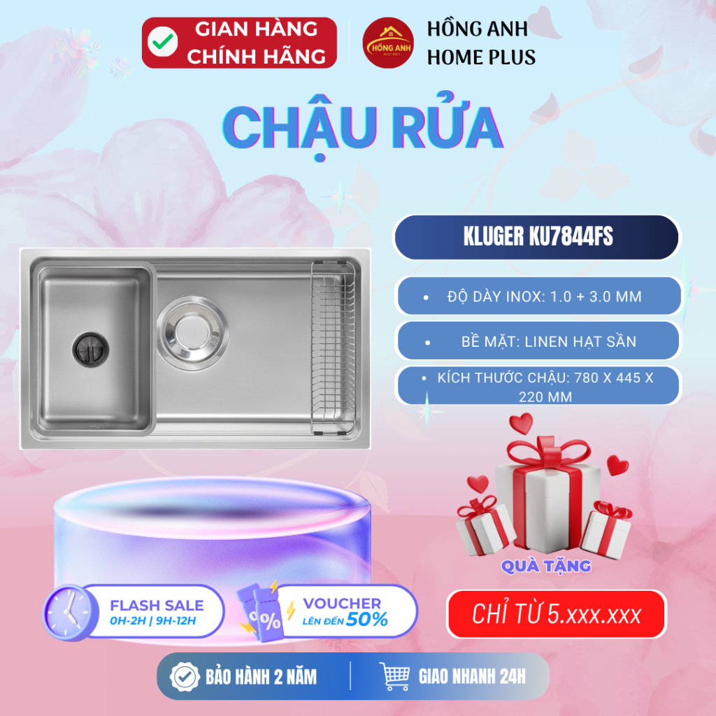 Chậu rửa bát Kluger KU7844FS Basic MOD Series inox 304 liền khối lắp dương bề mặt linen chống xước
