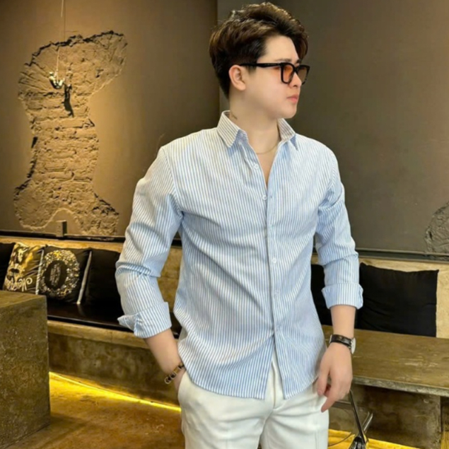 Áo Sơ Mi TN Luxury Kẻ Sọc, Cổ Áo Có Khuy Cài