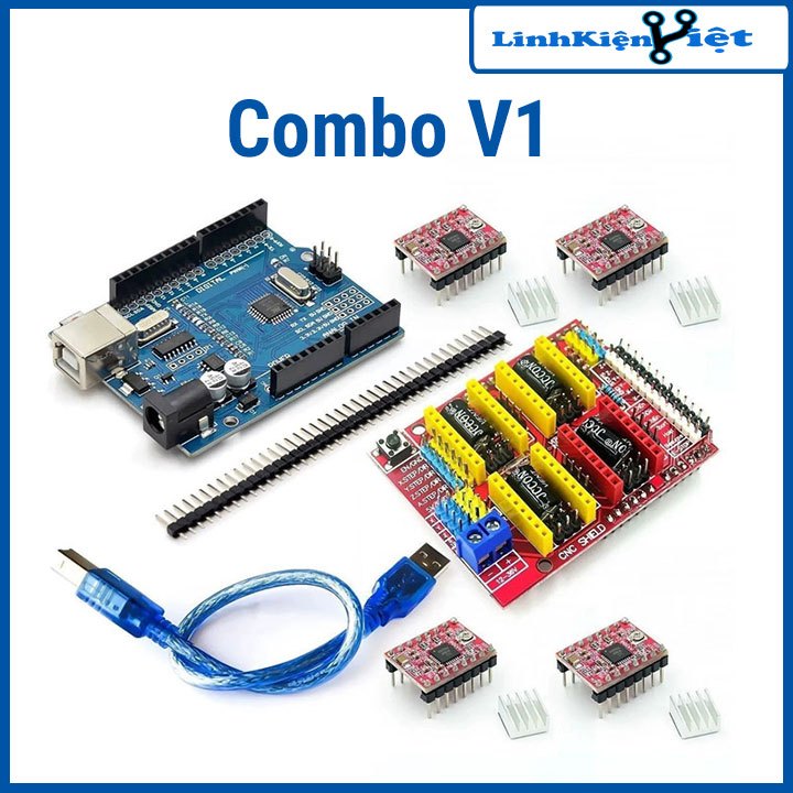 Combo Arduino Uno R3 Dán + Shield Uno R3 + 4 Module A4988 V1