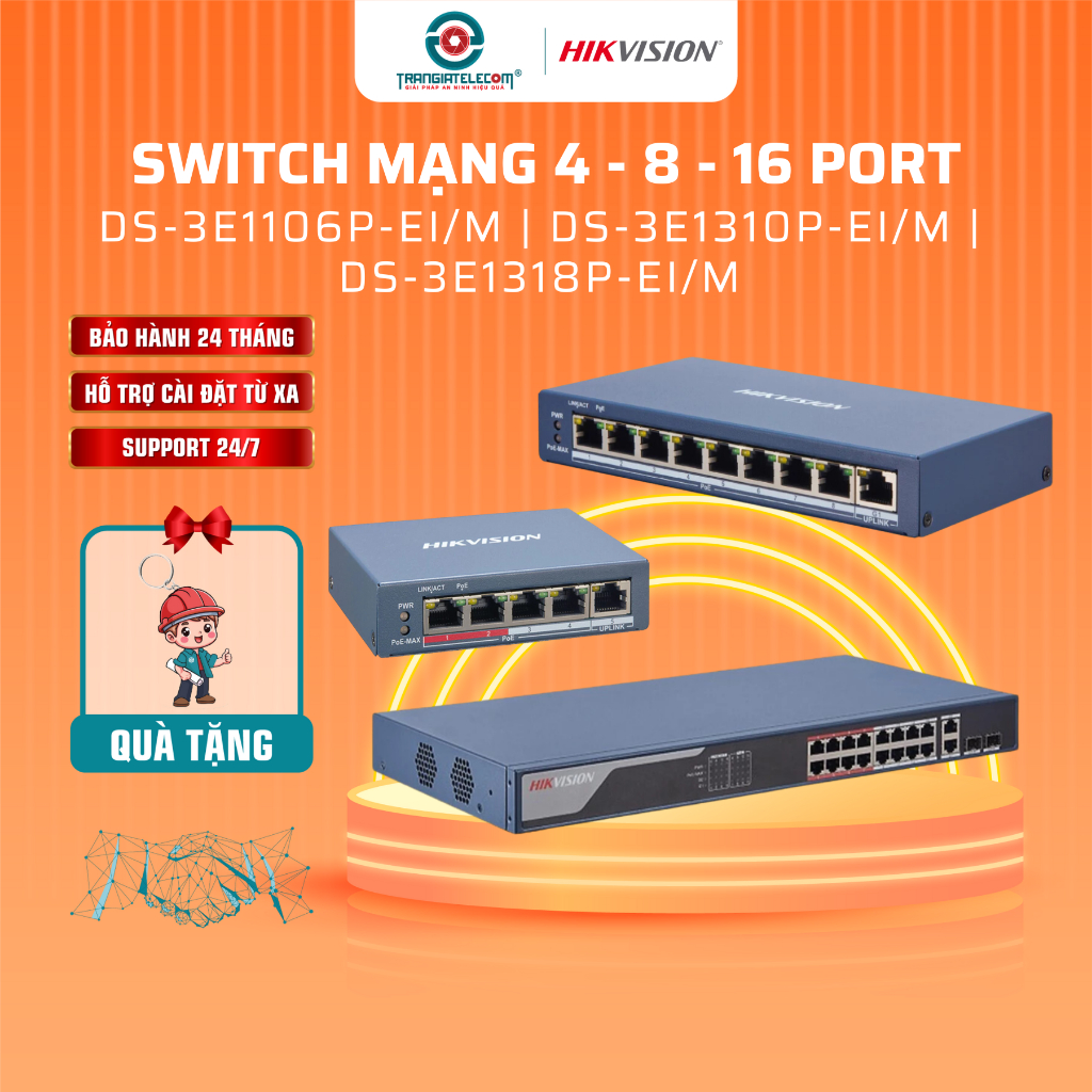 Thiết bị chia mạng Switch POE HIKVISION 4 / 8 / 16 Cổng DS-3E1318P-EI/M, 2 Cổng uplink - TRANGIATELE