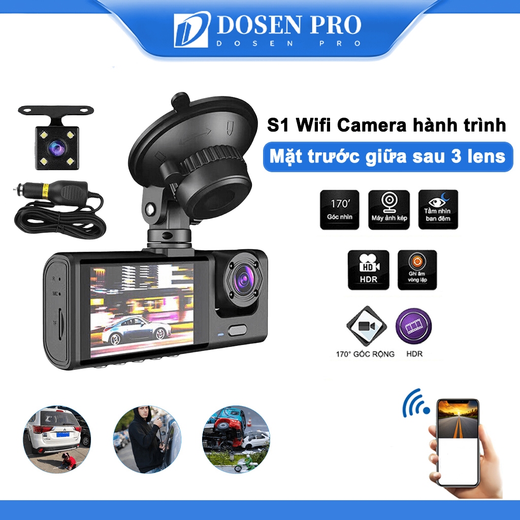 Camera hành trình ô DOSEN PRO S1 tô New Taxi hỗ trợ kết nối 3 mắt ghi hình tốc độ cao full HD 1080p hồng ngoại siêu nét