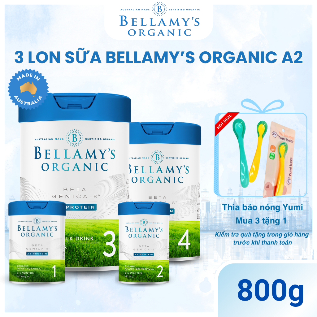 Bellamy Organic A2 800g đủ số, 3 lon sữa bột hỗ trợ tăng cân, tăng sức đề kháng - BELLAMY'S ORGANIC