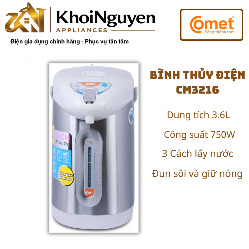Bình Thủy Điện Comet CM3216 3.6L Ruột Inox | Giữ Nóng | 3 Cách Rót Nước | Đun Nhanh | Khóa an toàn