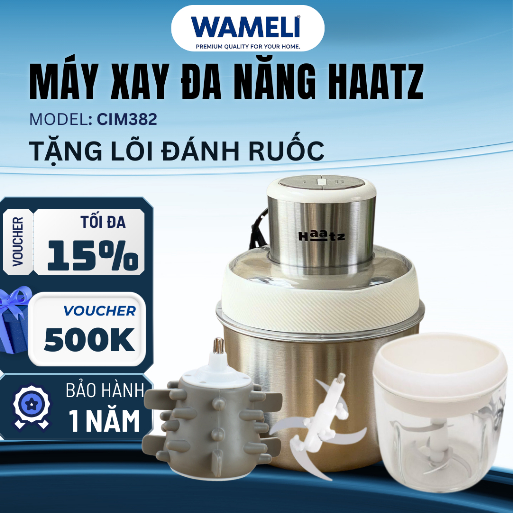 Máy Xay Thịt Haatz CIM382 2 Cối Xay Nhanh Mịn Tặng Kèm Lõi Đánh Ruốc Bảo Hành 2 Năm