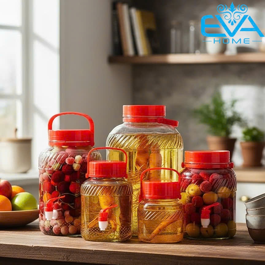 Bình Thủy Tinh Ngâm Rượu Nắp Đỏ Có Vòi / Không Vòi Quai Xách Cao Cấp 1L - 20L