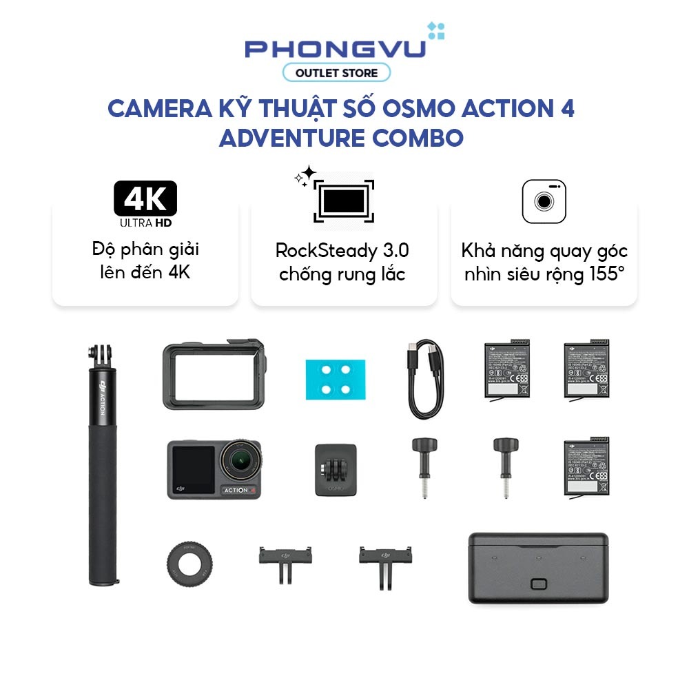 Camera Osmo Action 4 Adventure Combo - 3 Pin - Hộp Sạc Đa Năng - Gậy Kéo Dài - Bảo Hành 12 Tháng