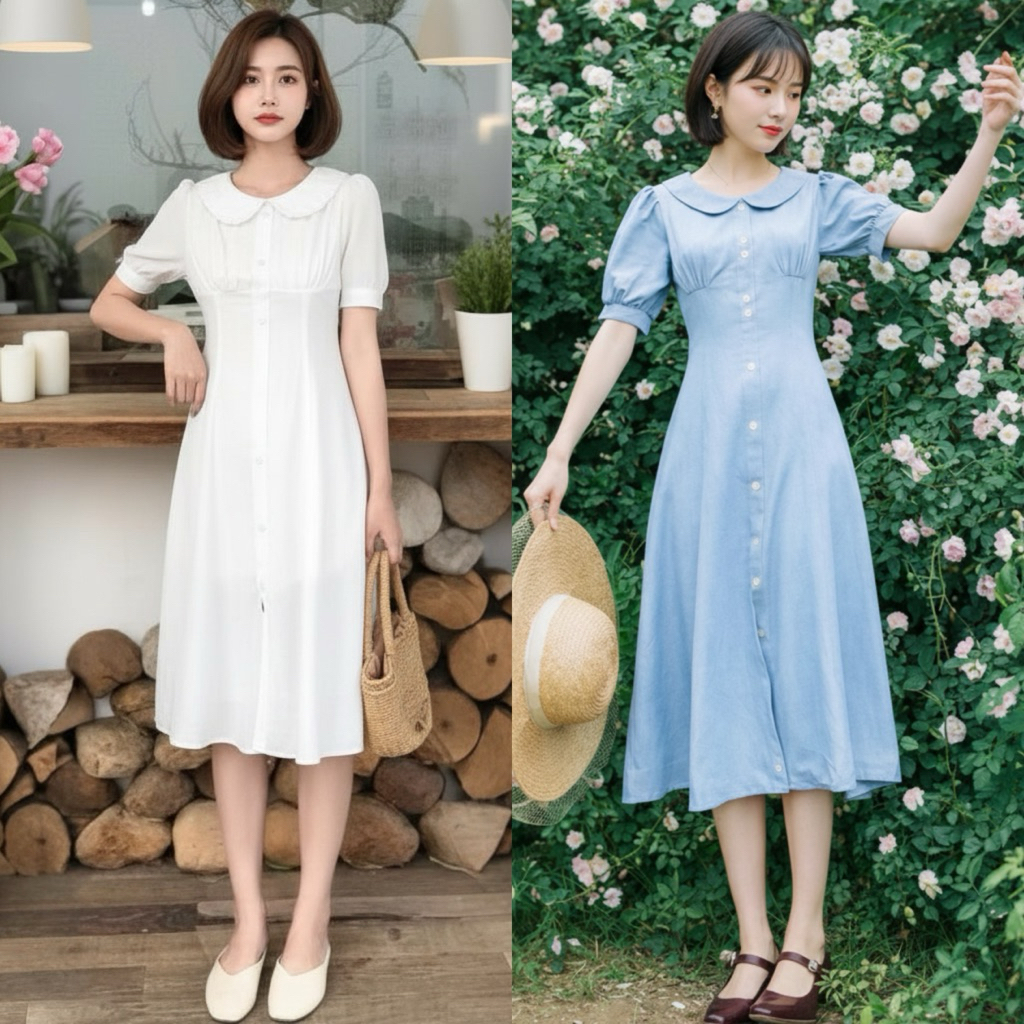 Đầm midi trắng xanh cổ sen dáng dài thanh lịch (kèm hình thật)