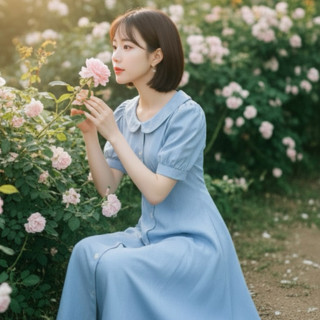 Đầm midi trắng xanh cổ sen dáng dài thanh lịch (kèm hình thật)