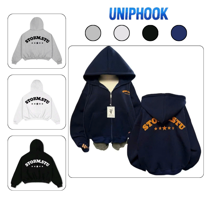Áo Khoác Hoodie Storm.Stu Uniphook – Áo Hoodie Nam Nữ Form Boxy Cánh Dơi, Dây Kéo Mượt, Vải Dày Mịn
