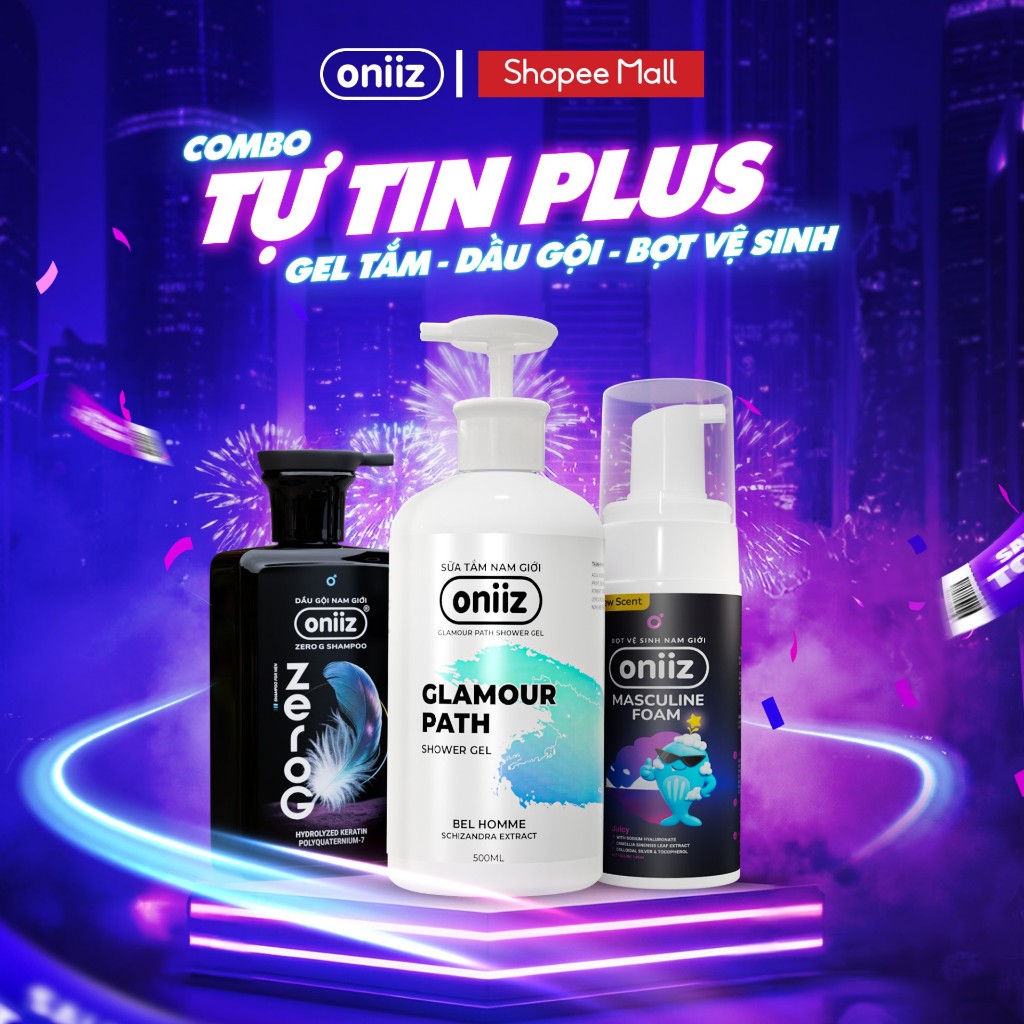 Combo Tự Tin Plus, Bọt vệ sinh nam giới mới Oniiz Masculine Foam, Sữa tắm hương nước hoa, Dầu gội na