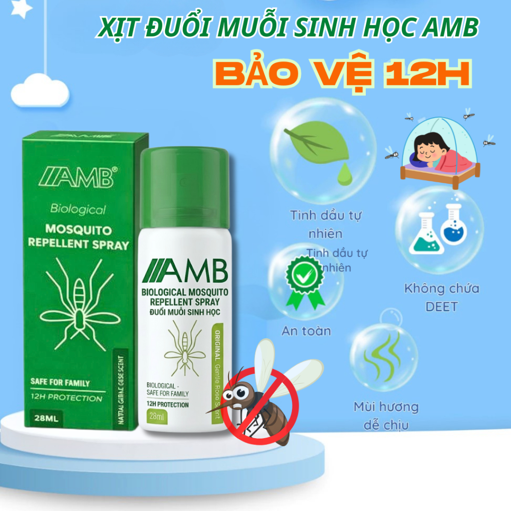 Xịt đuổi muỗi sinh học AMB hương hoa hồng, Xịt chống muỗi trong phòng và ngoài trời trực tiếp an toàn với trẻ nhỏ 28ml