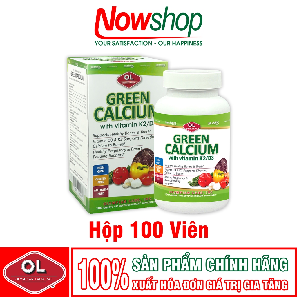 Canxi Hữu Cơ Green Calcium Olympian Labs Mỹ – 100V | D3 & K2 Hấp Thu Cao, Chắc Xương, Không Táo Bón