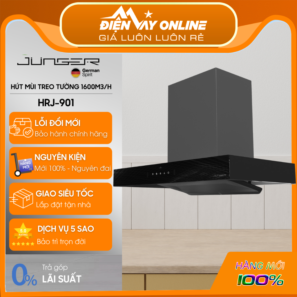 [CHÍNH HÃNG] Hút mùi Junger HRJ-901 - Vẫy tay cảm ứng - Công suất 1600m3/h - Bảo hành 24 tháng