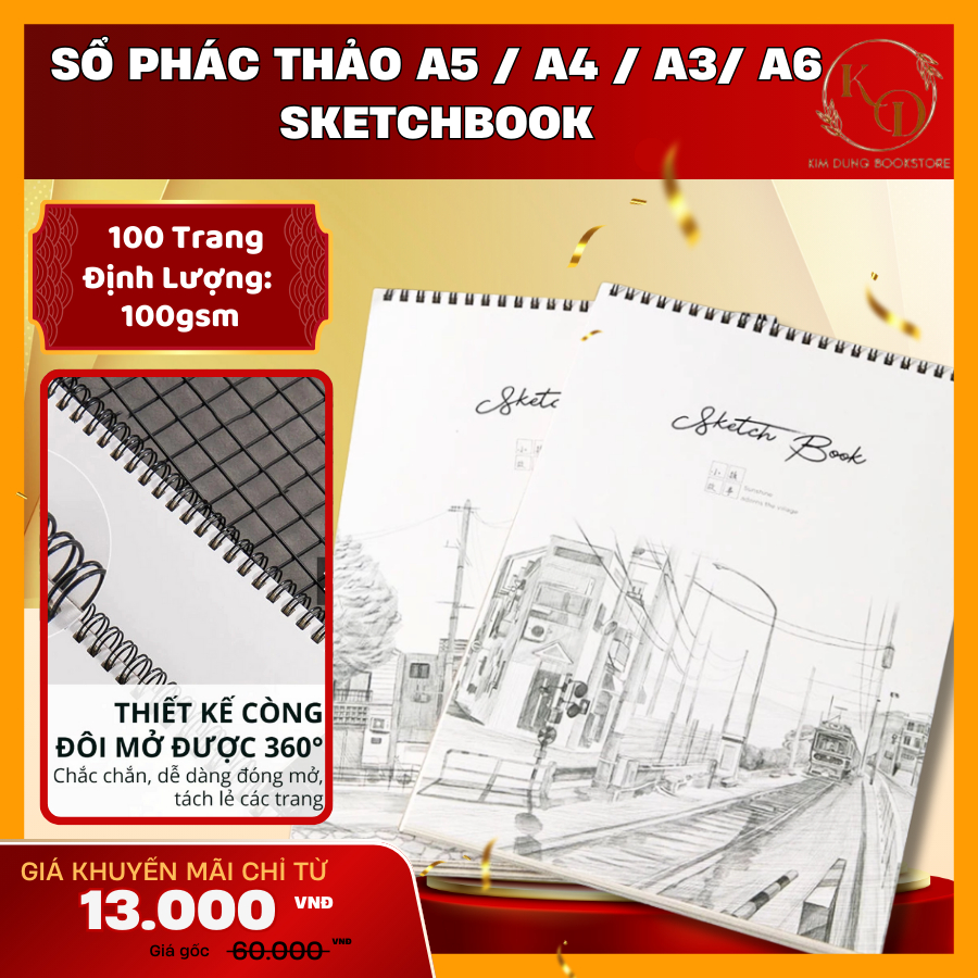 [ Sổ Tay ] Sổ Phác Thảo A5 / A4 / A3/ A6  Sketchbook -100gsm 100 trang Giấy Vẽ Chì Phác Họa Sketchnote NGANG