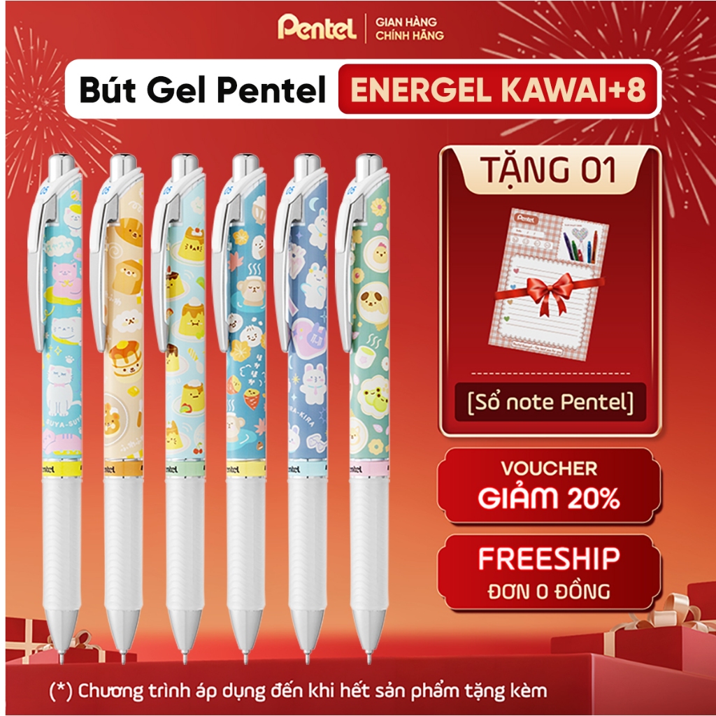 Bút Gel Bấm Pentel Energel Kawaii+ 8 BLN75KW Cỡ Ngòi 0.5mm