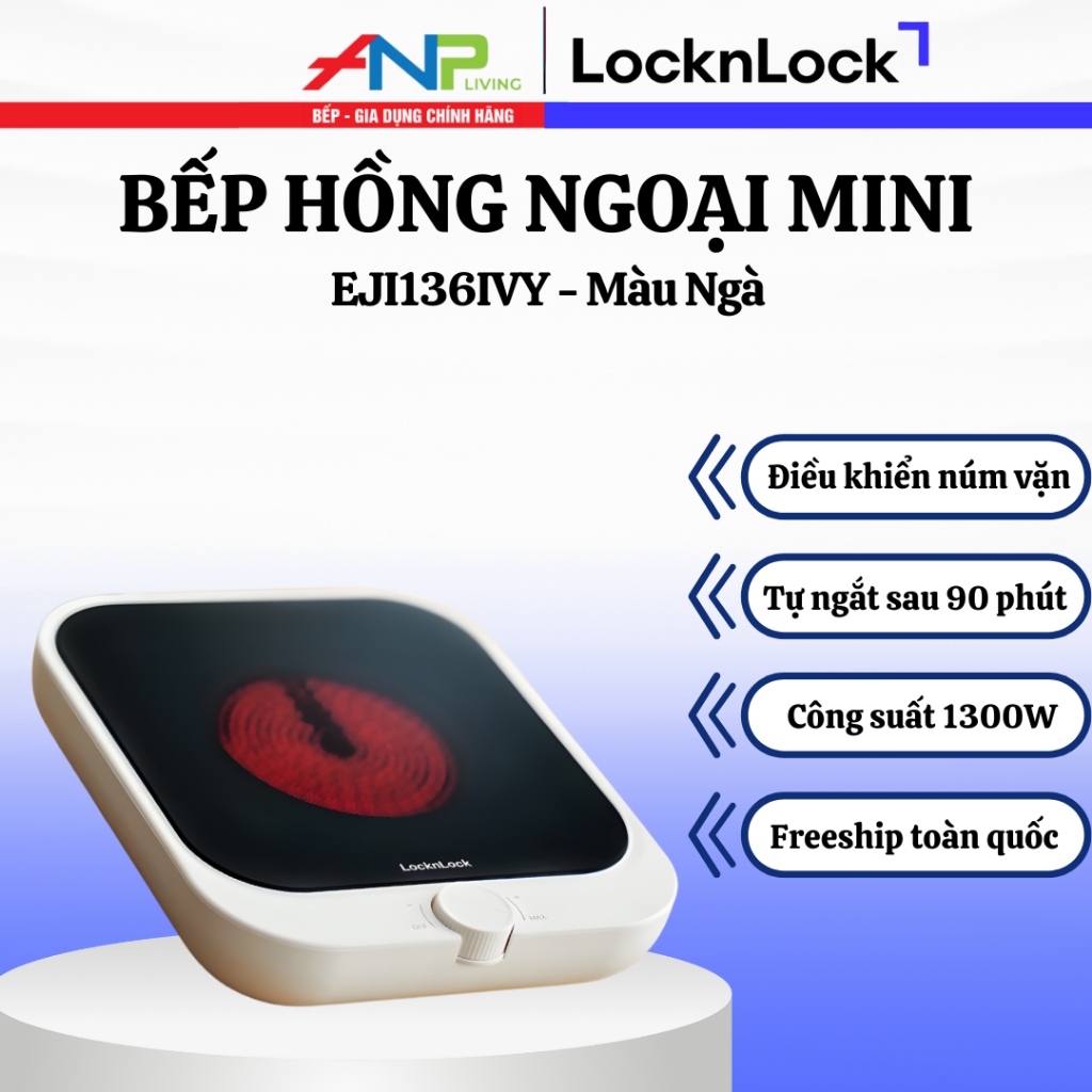 Bếp Hồng Ngoại LocknLock Mini 1300W EJI136IVY – Màu Ngà, Nhỏ Gọn, Tương Thích Mọi Loại Nồi
