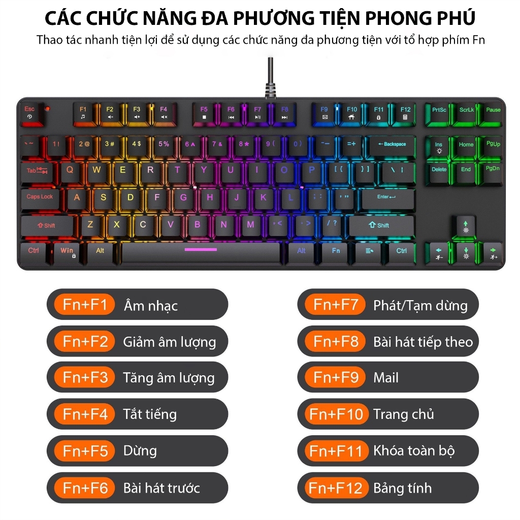 Bàn Phím Cơ K87 Pro RGB 16 Chế Độ, Blue Switch Gõ Mượt, Keycap ABS Xuyên Đèn