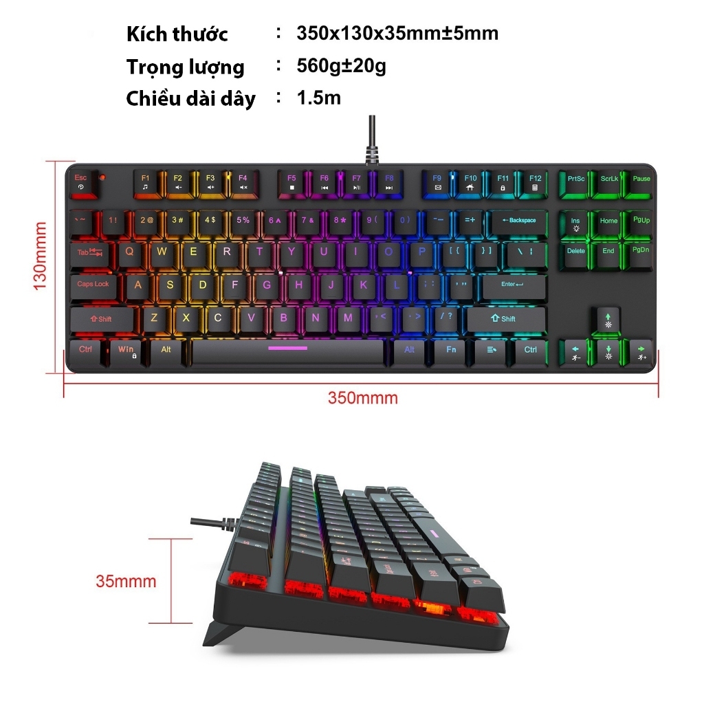 Bàn Phím Cơ K87 Pro LED RGB 16 Chế Độ, Blue Switch Êm Tay, Keycap ABS Xuyên Đèn, Chống Nước