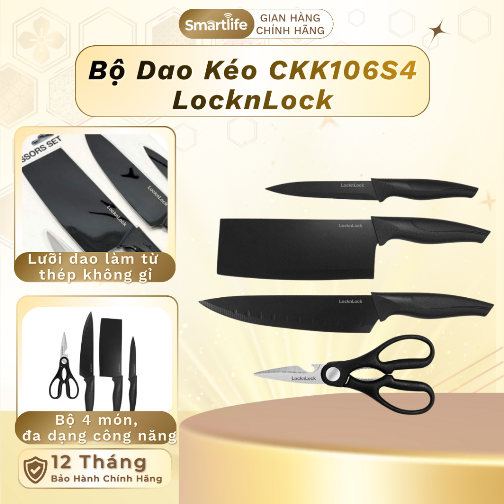 Bộ dao kéo CKK106S4 LocknLock 4 món đa dạng công năng, lưỡi dao được làm từ thép không gỉ, có phủ lớ