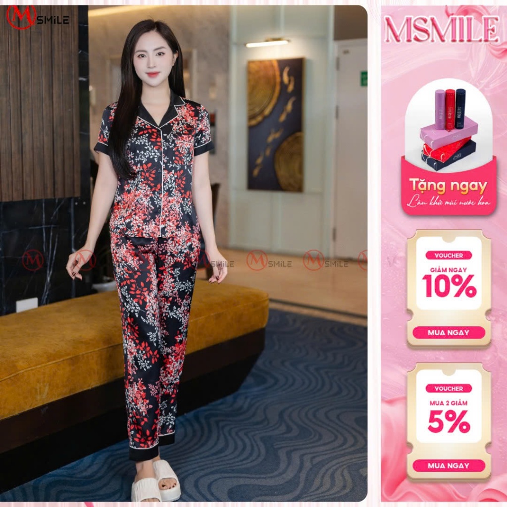 Bộ mặc nhà MSMILE lụa Satin cao cấp tay ngắn quần dài, chất liệu mịn màng, thoáng mát - BD532