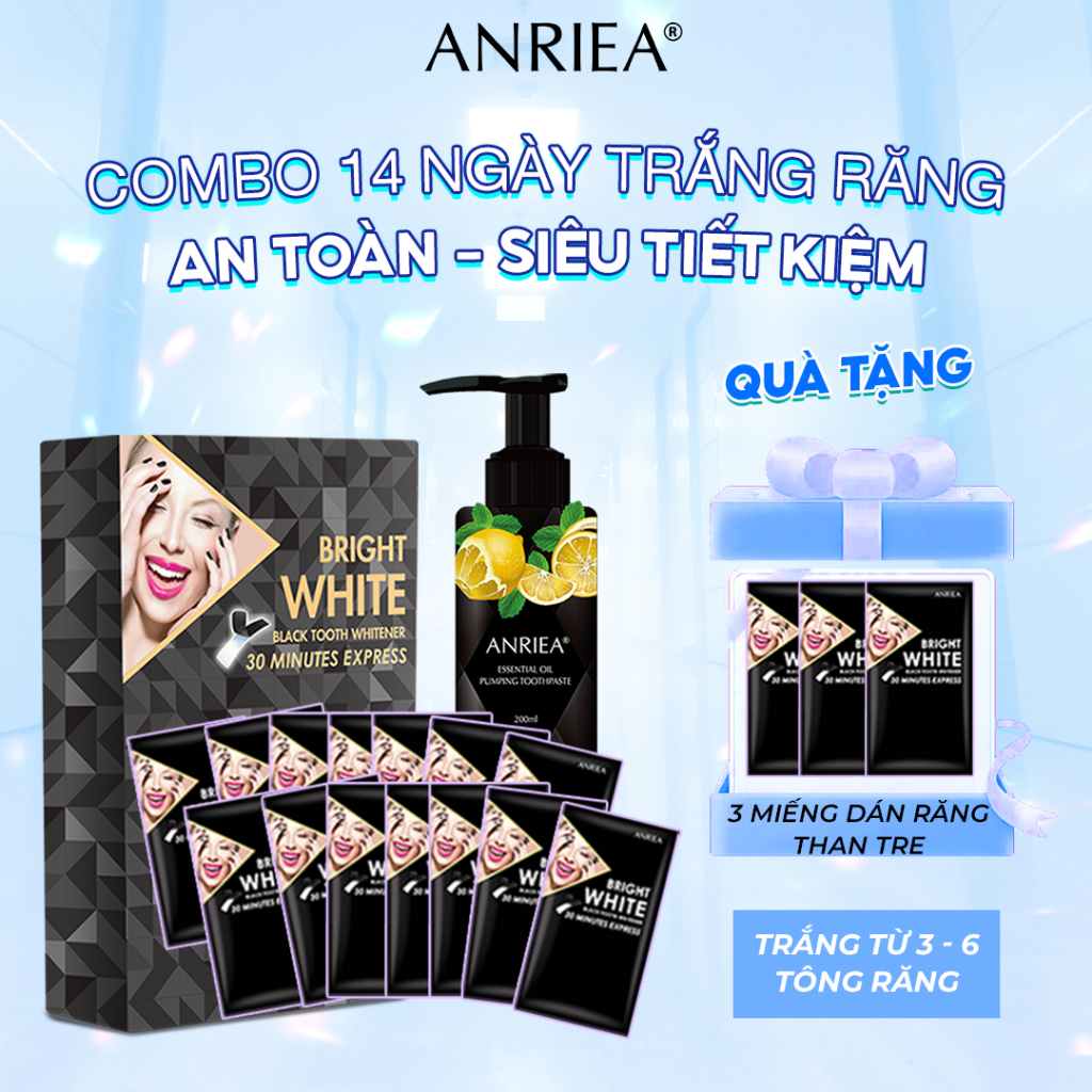 Combo miếng dán trắng răng  14 ngày và kem đánh răng Hương Chanh Anriea