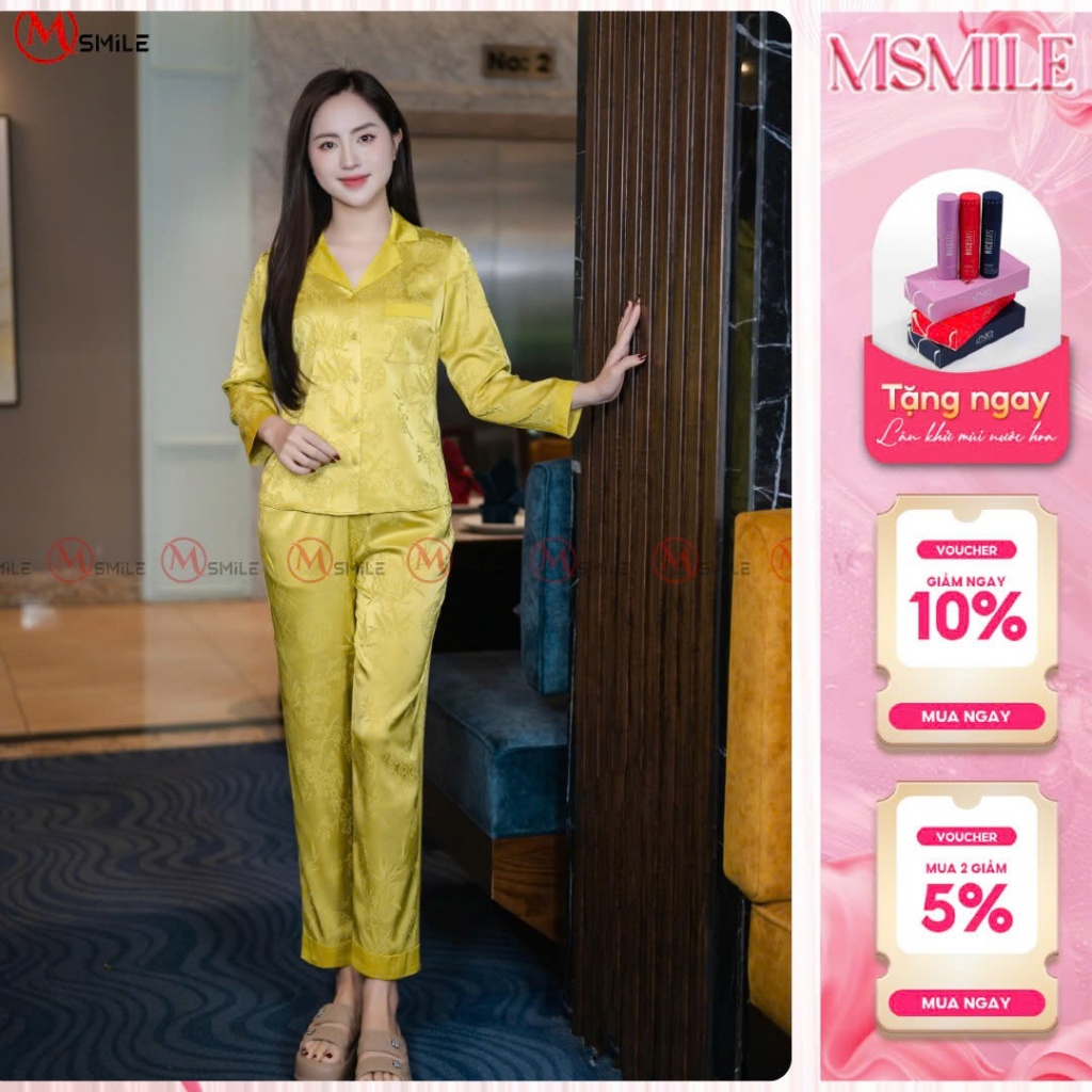 Bộ mặc nhà MSMILE lụa Gấm cao cấp tay dài quần dài, chất liệu mịn màng, thoáng mát - BD500