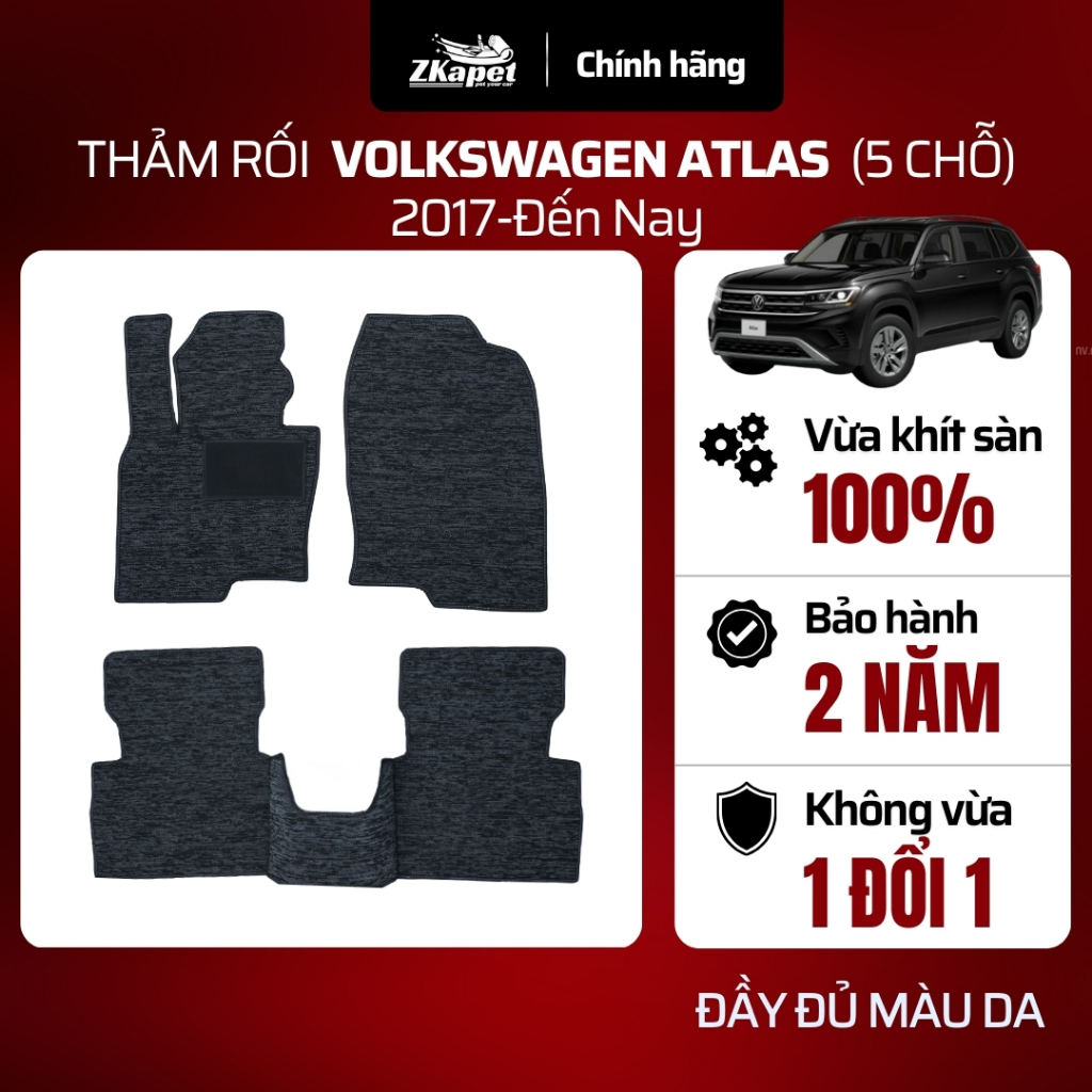 Thảm Lót Sàn Rối Cước Ô Tô Volkswagen Atlas 2017-Đến Nay 5 chỗ, Chống Bẩn Toàn Diện ZKAPET
