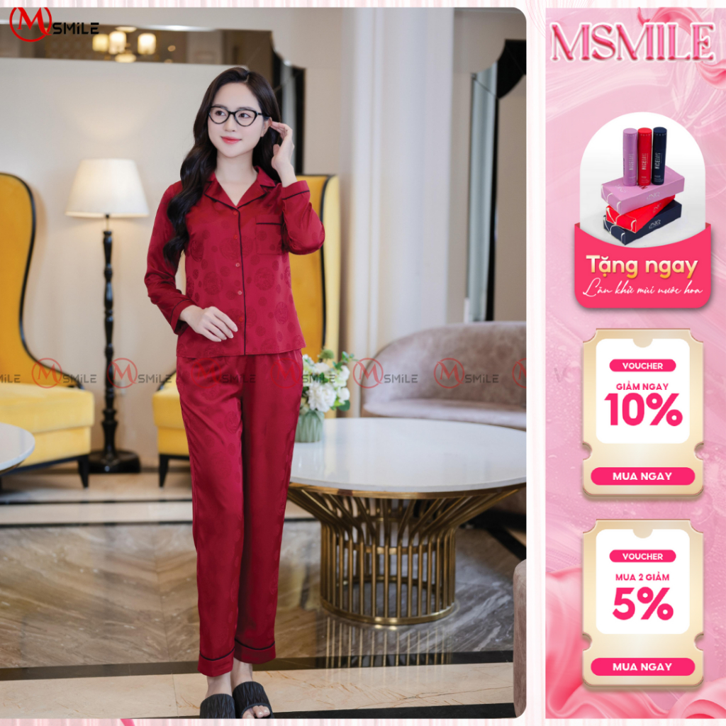 Bộ mặc nhà MSMILE lụa Gấm cao cấp tay dài quần dài, chất liệu mịn màng, thoáng mát - BD395