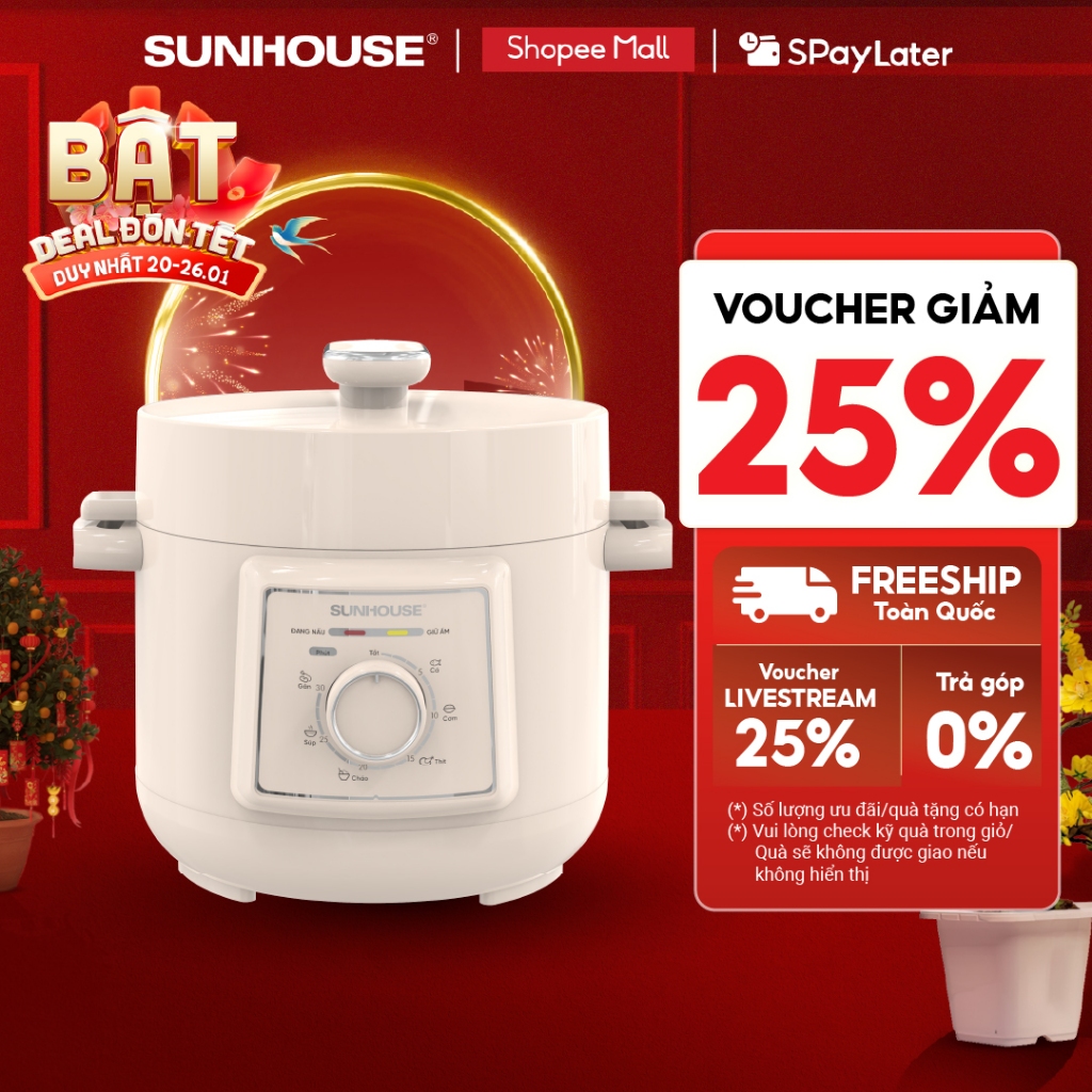 Nồi áp suất điện đa năng 2.5L Sunhouse SHD1520  - Lòng nồi hợp kim nhôm - Đa chức năng nấu - Xả áp bằng nút ấn