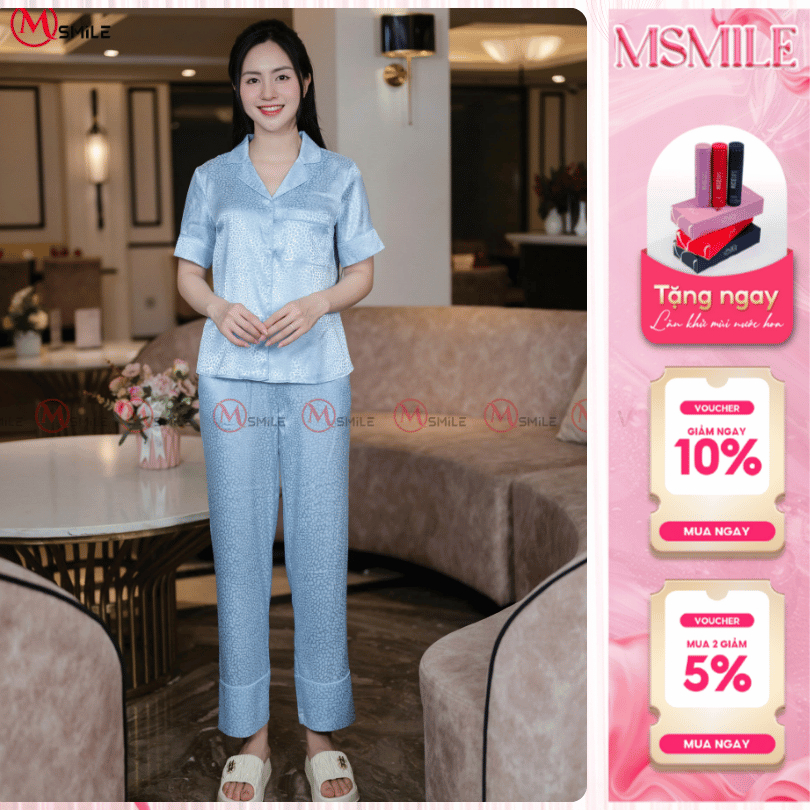 Bộ mặc nhà MSMILE lụa Satin cao cấp áo ngắn quần dài, chất liệu mịn màng, thoáng mát - BD335