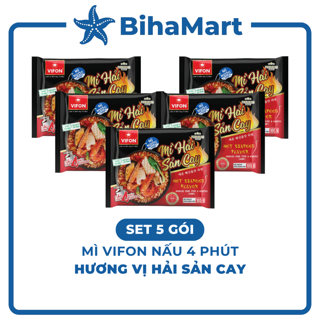 [SET 5 GÓI]- VIFON - Mì Vifon nấu 4 phút hương vị Hải sản cay, Mì Hải sản cay Vifon nấu, Mì nấu Vifo